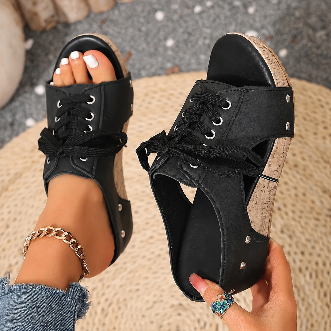 Sophie retro wedge sandals in black - lace-up cork wedge with studs - Daniel & Sophie Toronto