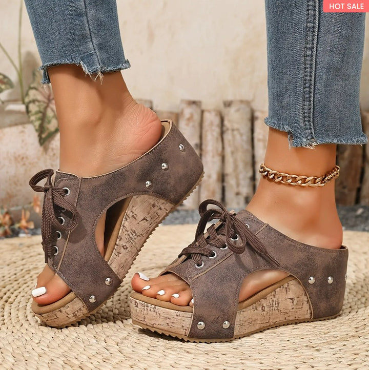 Sophie retro wedge sandals in brown - side view showcasing cork wedge heel - Daniel & Sophie Toronto