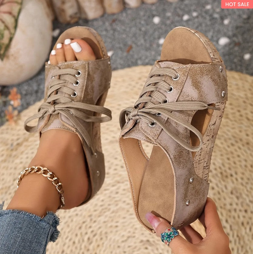 Sophie retro wedge sandals in beige - lace-up cork wedge with studs - Daniel & Sophie Toronto
