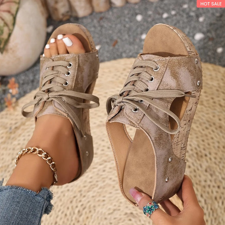 Sophie retro wedge sandals in beige - lace-up cork wedge with studs - Daniel & Sophie Toronto