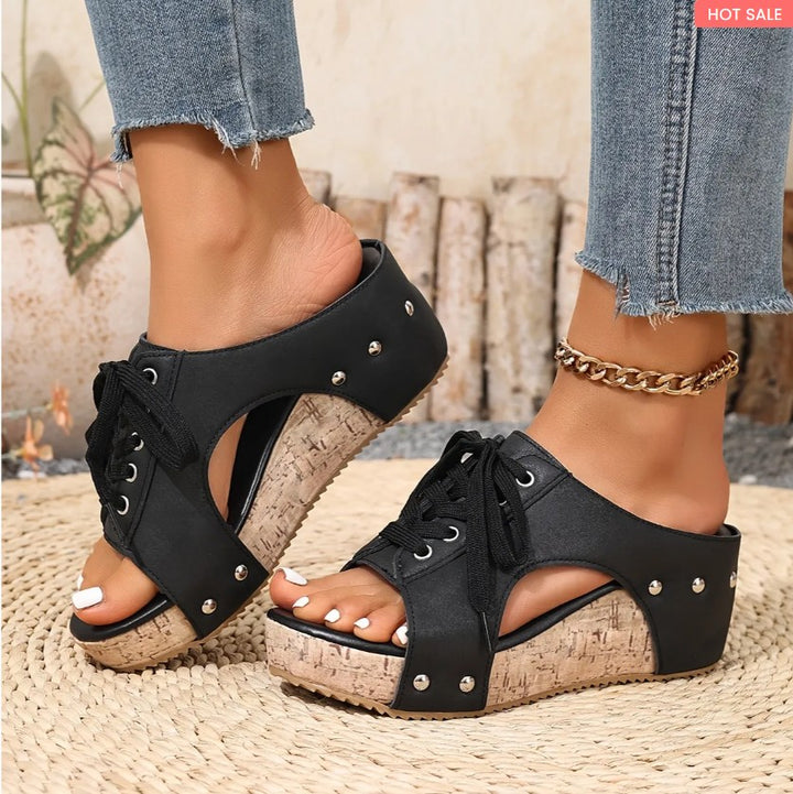 Sophie retro wedge sandals in black - side view showcasing cork wedge heel - Daniel & Sophie Toronto